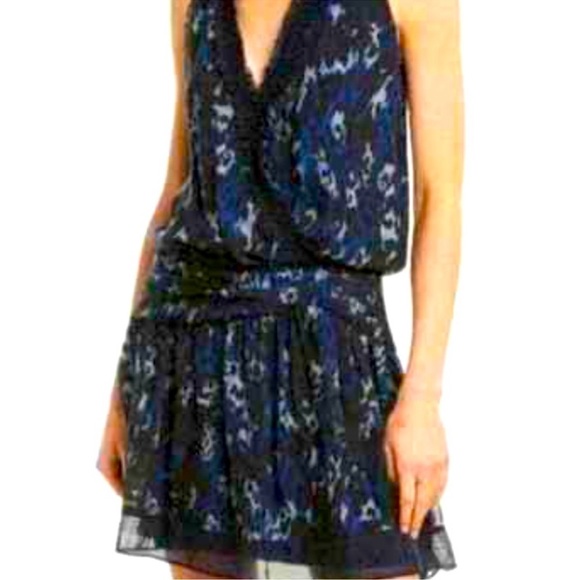 Ramy Brook Winsten Blue Black Patterned Silk Mini Dress - Picture 1 of 10